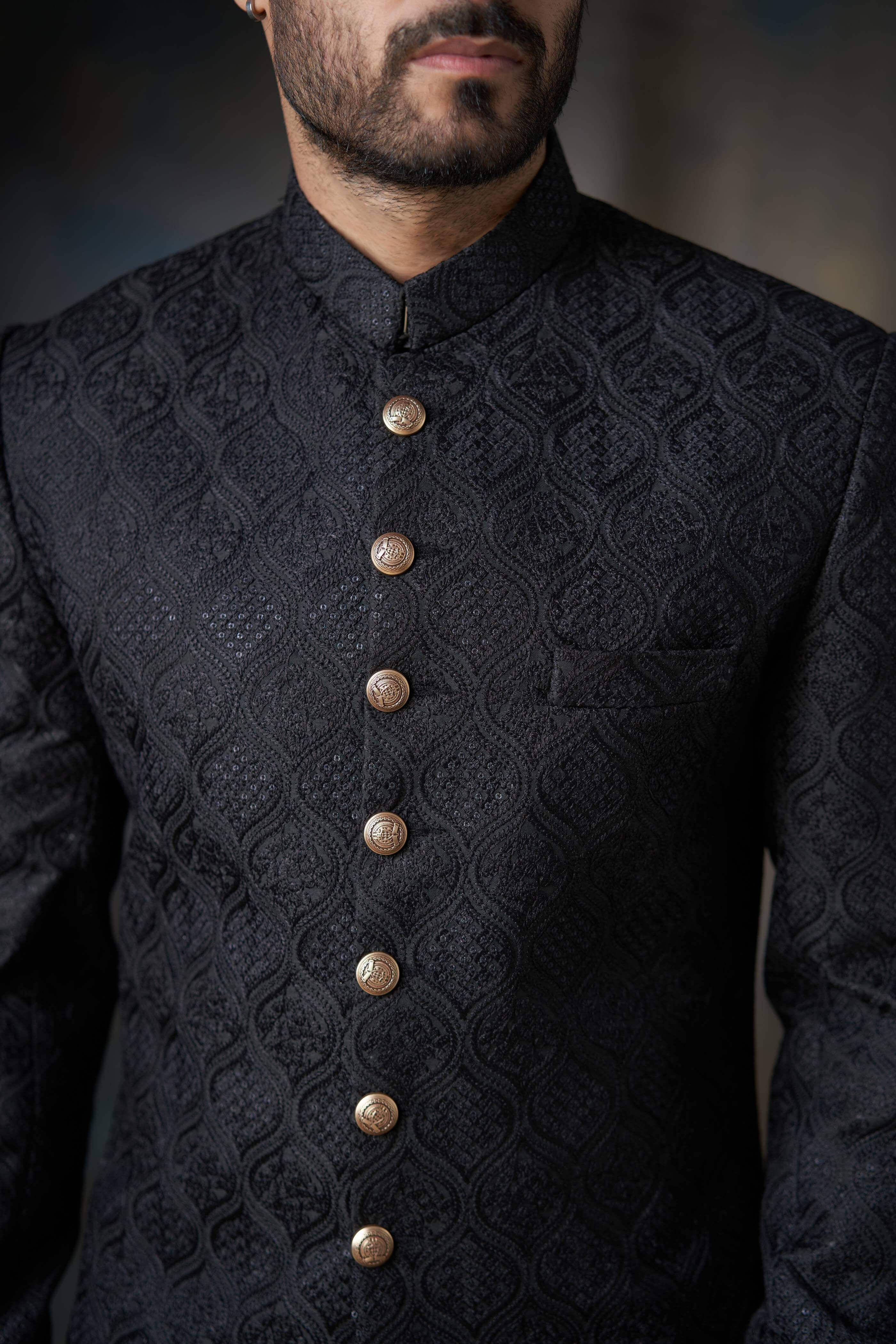 Jet Black Short Sherwani for Men