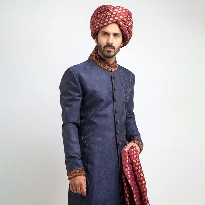 Men Blue Pure Jamavar Fitted Sherwani with Zardozi Embroidery 