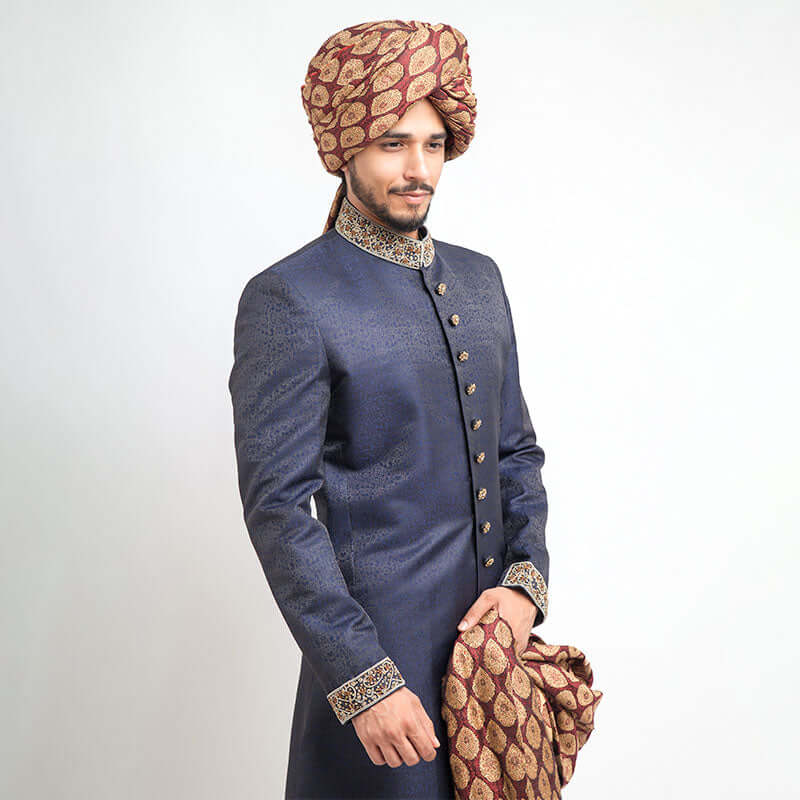 Midnight Mens Blue Pure Jamavar Form Fitted Sherwani