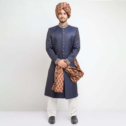 Midnight Mens Blue Pure Jamavar Form Fitted Sherwani