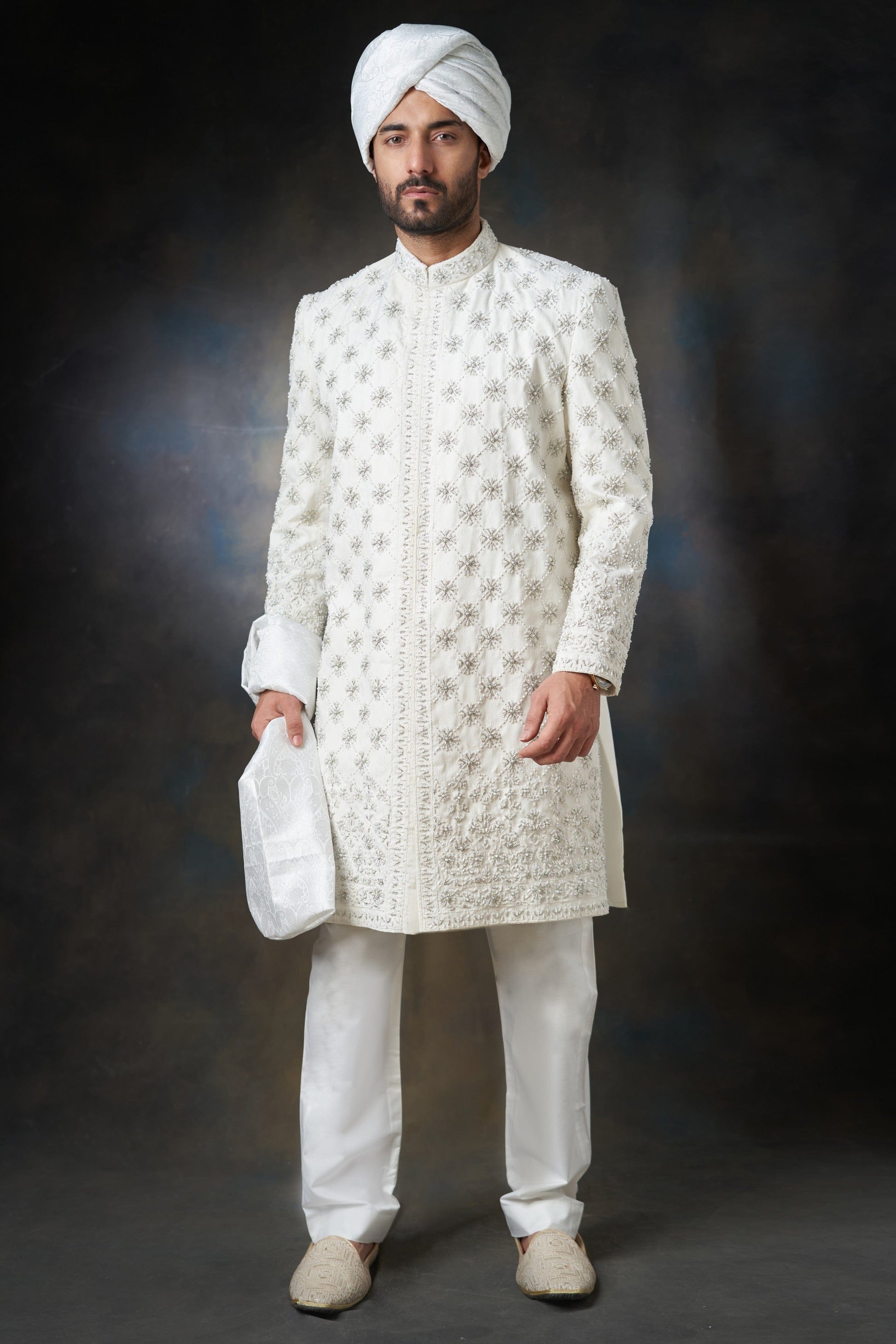 Off-White Embroidered Mens Sherwani