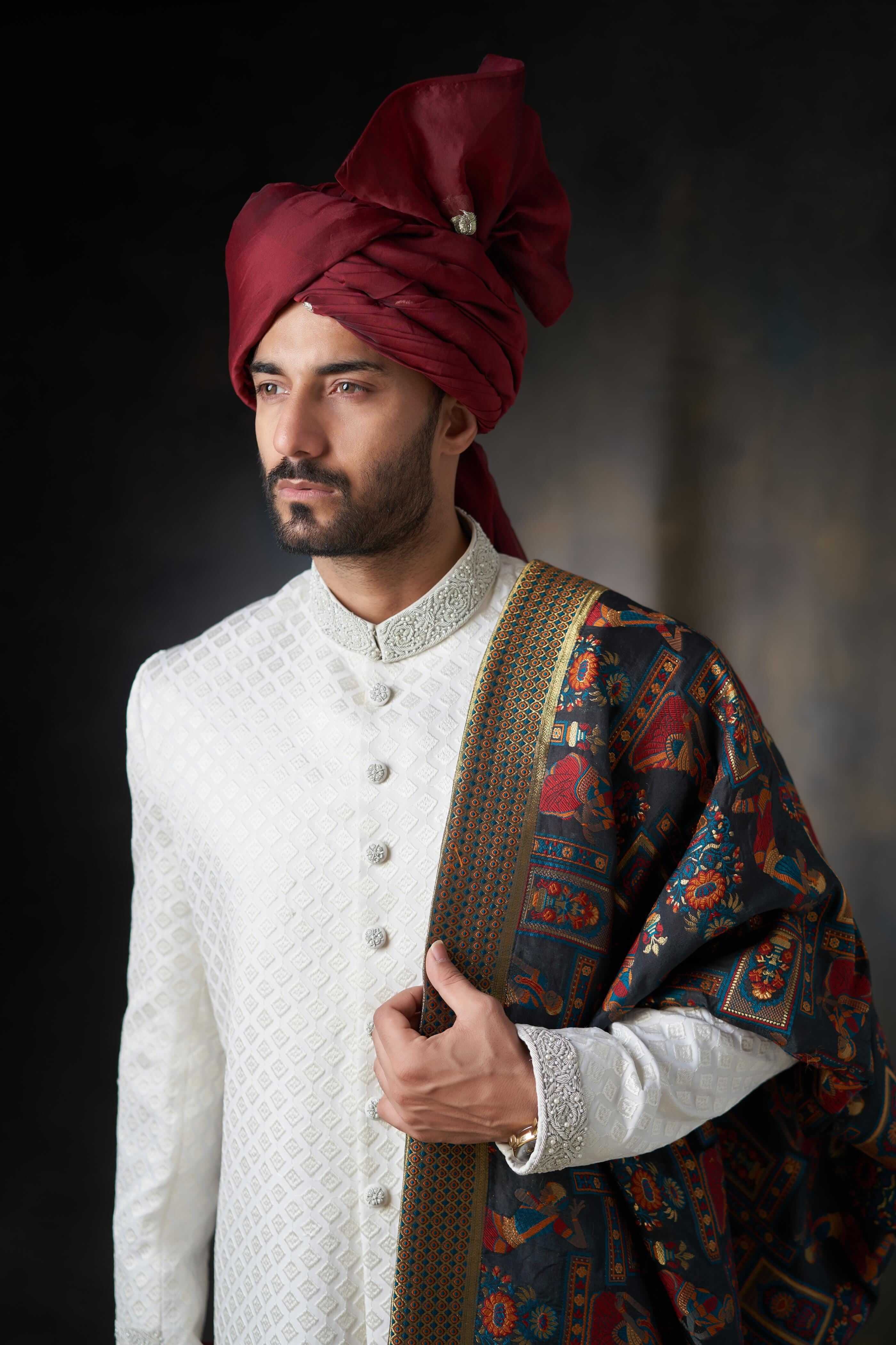 Pearl White Diamond Textured Men Sherwani