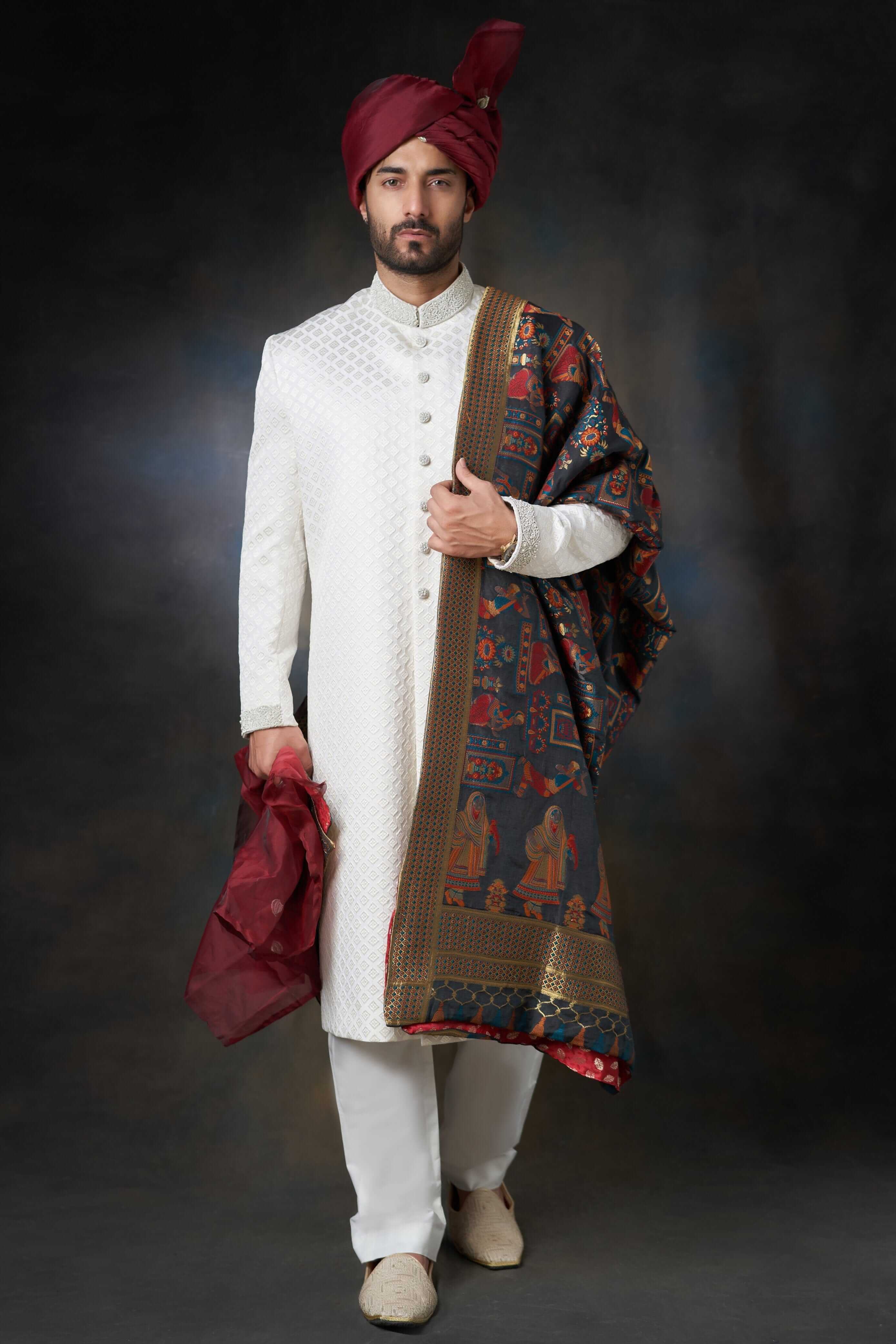 Pearl White Diamond Textured Men Sherwani