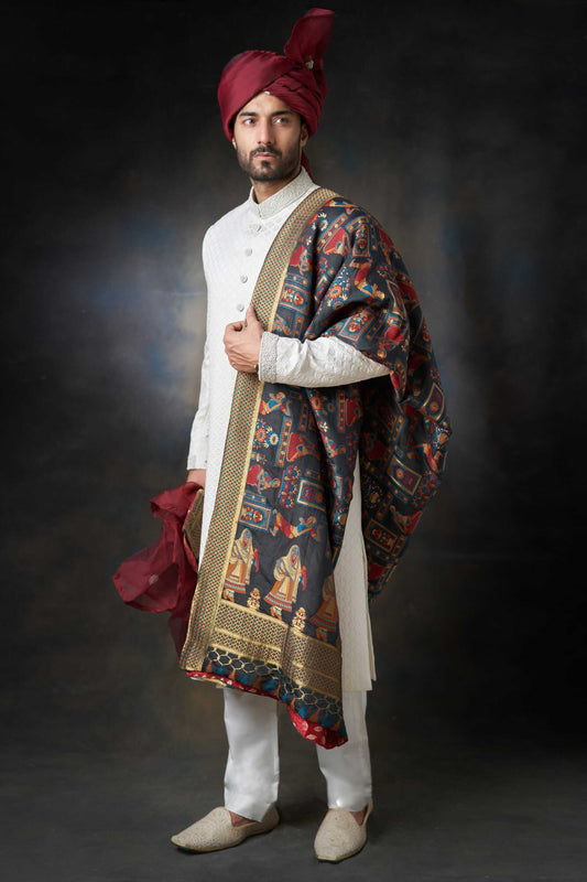 Pearl White Diamond Textured Men Sherwani