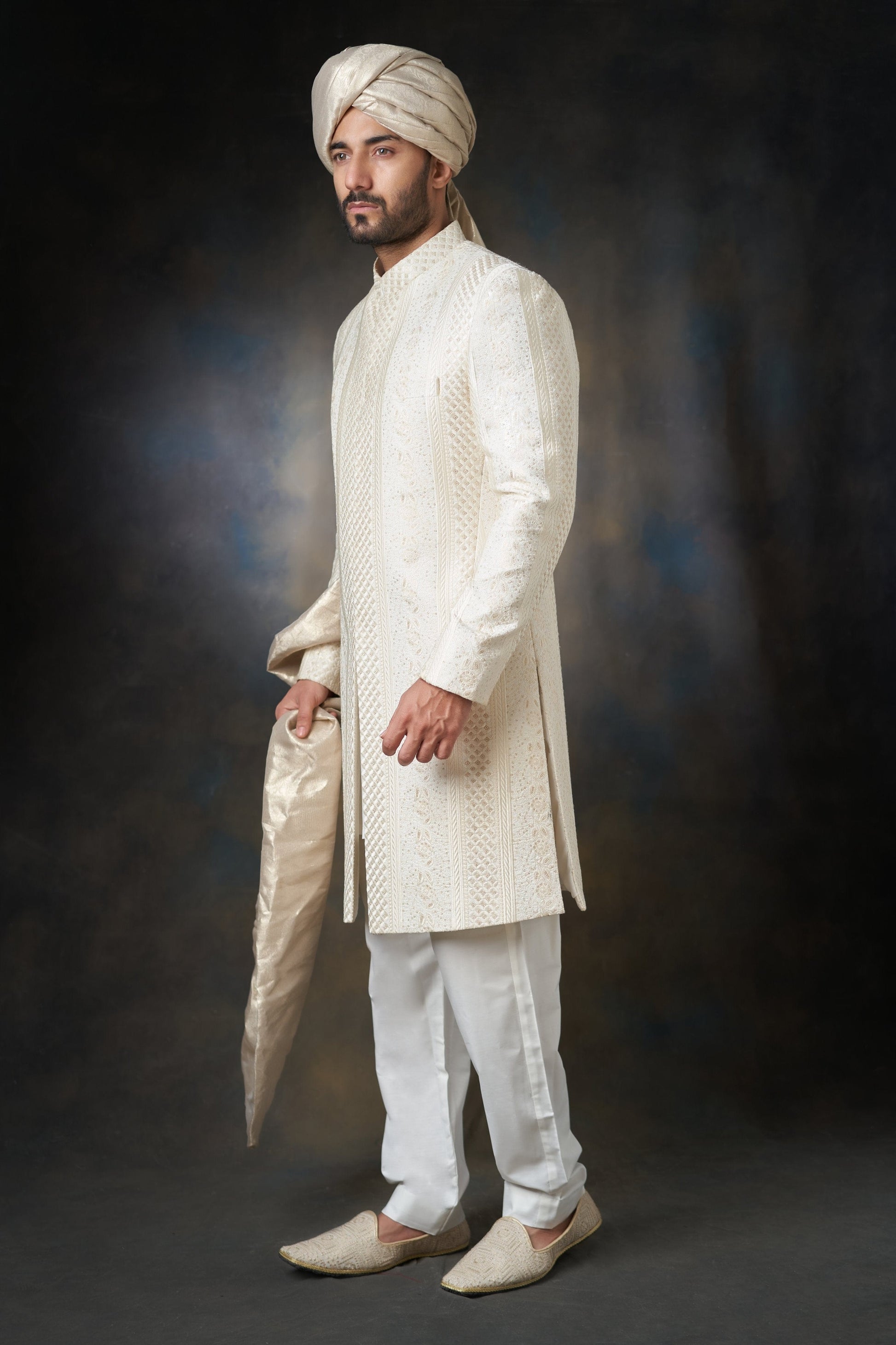 Pearl White Men  Sherwani with Sequins