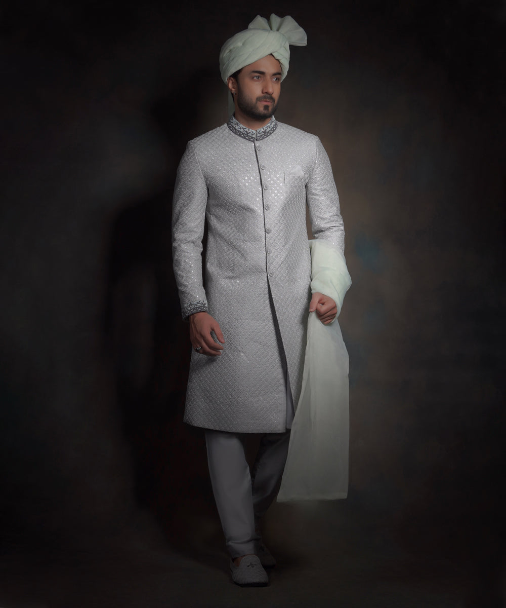 The Dove | Grey Silver Form-Fitted Raw Silk Sherwani