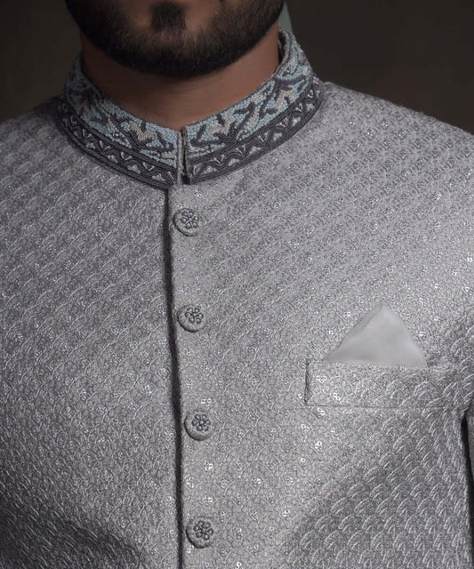 The Dove | Grey Silver Form-Fitted Raw Silk Sherwani