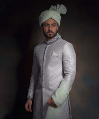 The Dove | Grey Silver Form-Fitted Raw Silk Sherwani