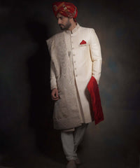 The Robin | Ivory Gold Form Fitted Raw Silk Sherwani