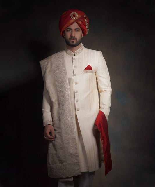 The Robin | Ivory Gold Form Fitted Raw Silk Sherwani