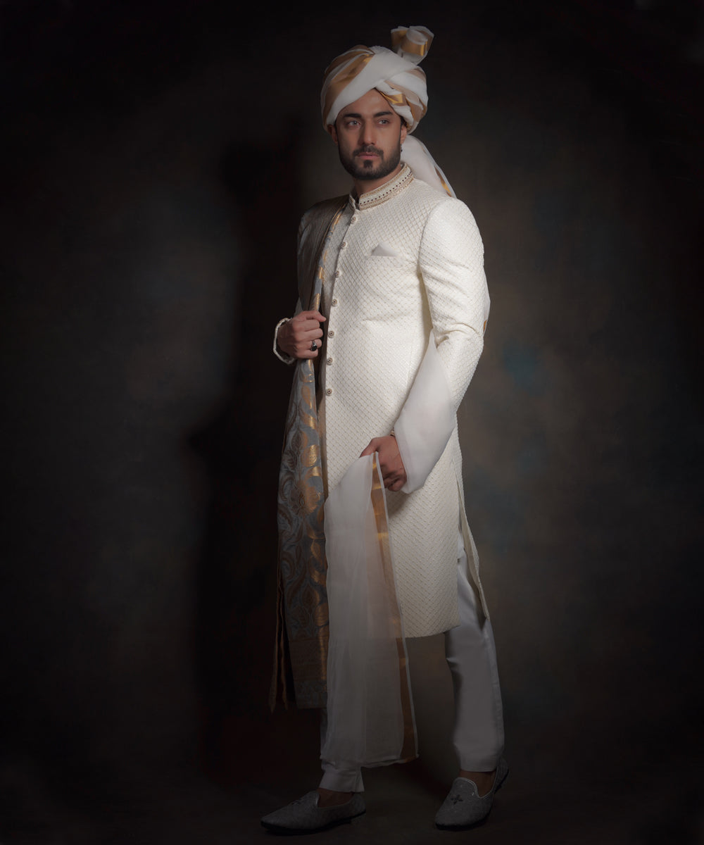 My Icon | Ivory White Raw Silk Form Fitted Traditional Sherwani