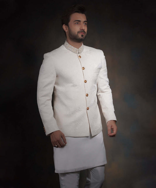 The 'X' Nawab | Off White Raw Silk Prince Jacket