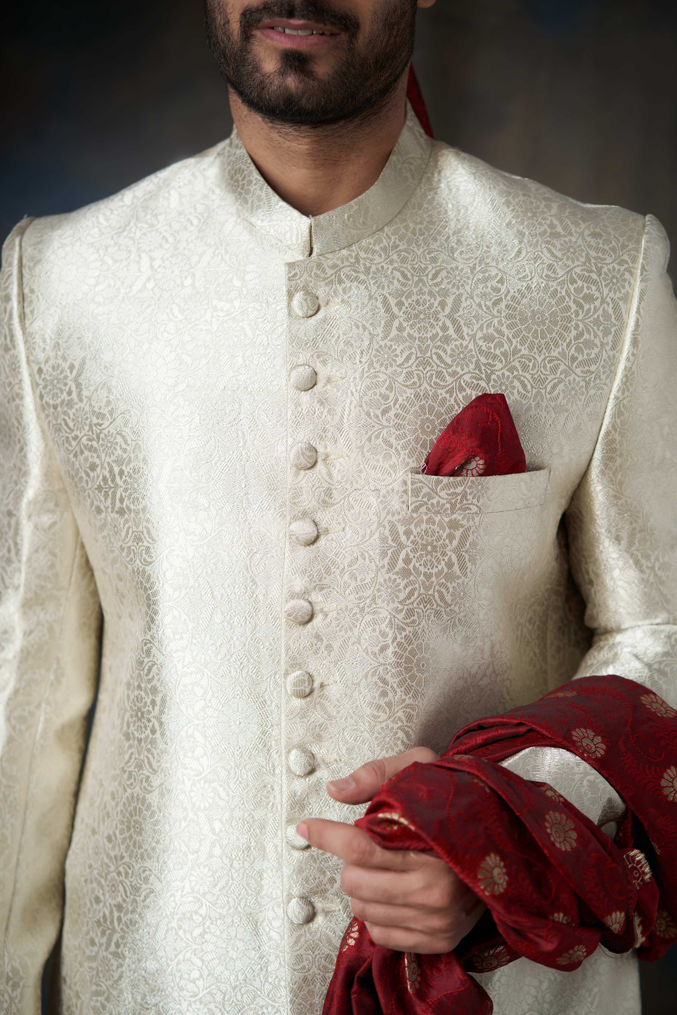 Silver Handwoven Brocade Silk Sherwani