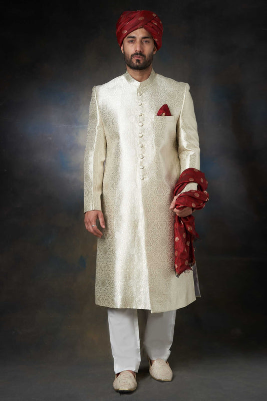 Silver Handwoven Brocade Silk Sherwani