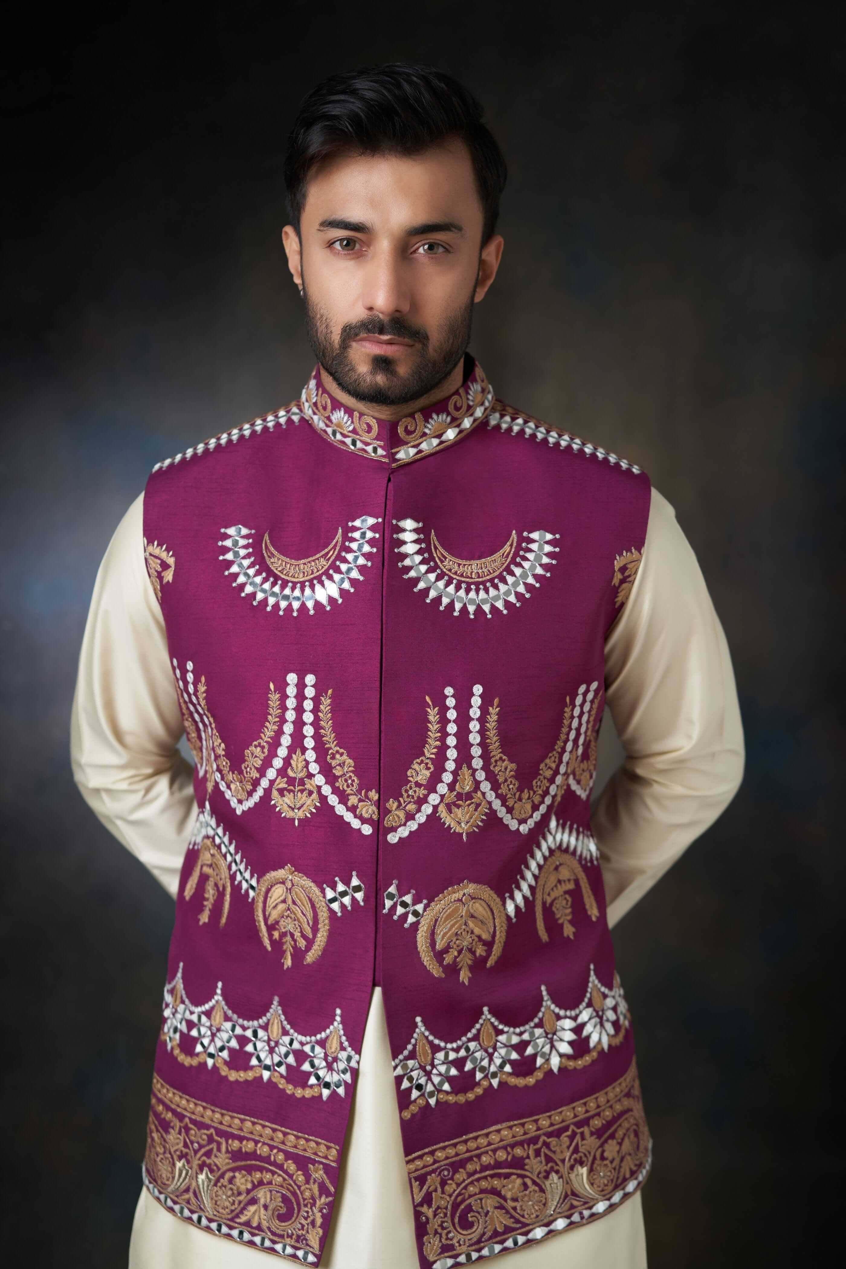 Tyrian Purple  Embroidered Men Waistcoat 