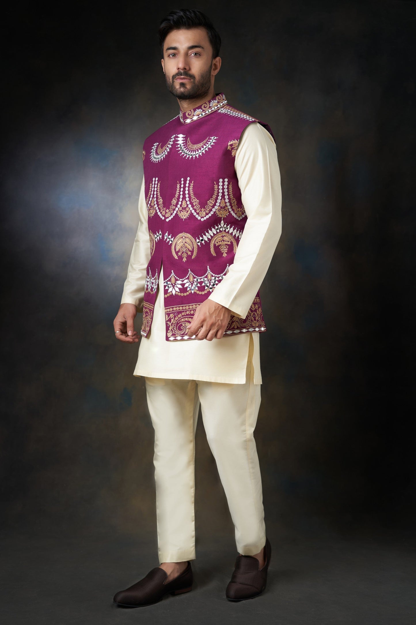 Tyrian Purple  Embroidered Men Waistcoat 