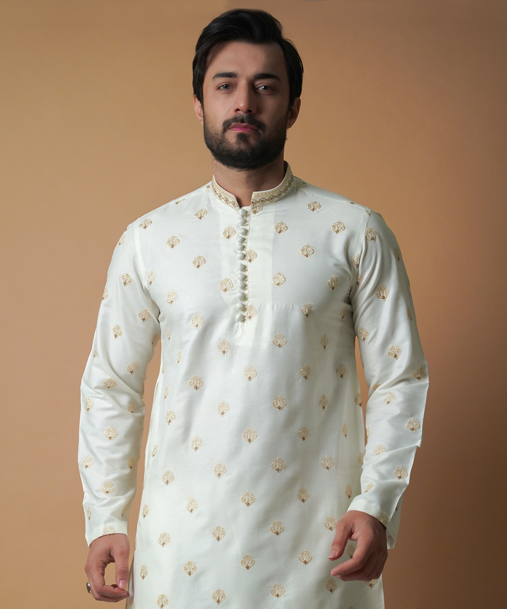 Kurta / Pants - Cream & Gold Motif embroidered