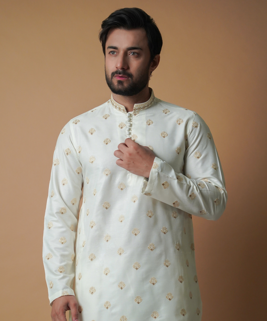 Kurta / Pants - Cream & Gold Motif embroidered