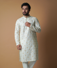 Cream & Gold Motif Embroidered Kurta Pants – Cotton Silk Blend