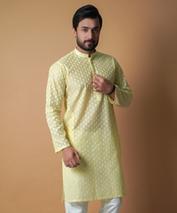 Lemon Diamond Textured ChikenKari Kurta/Pants set