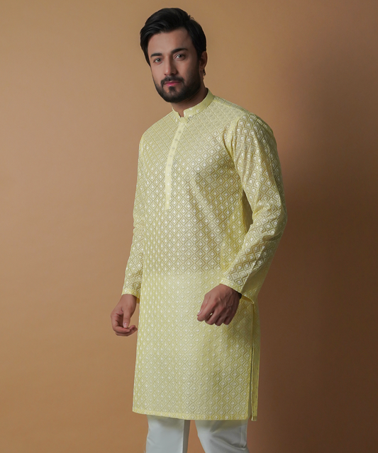 Lemon Diamond Textured ChikenKari Kurta/Pants set