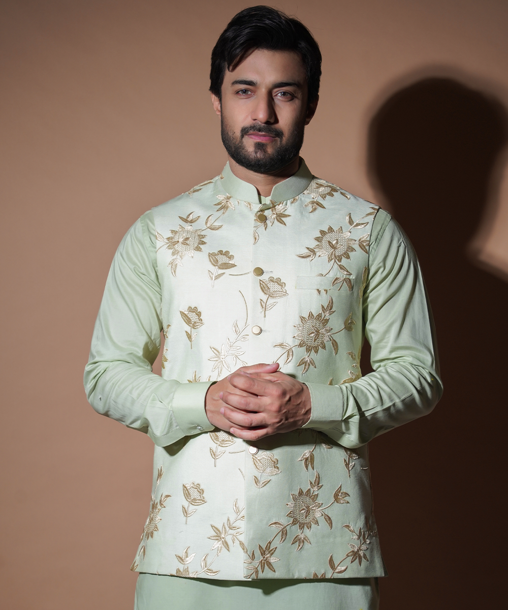 Ghalib - Pastel Mint Embroidered waistcoat set.