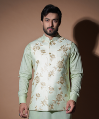 Ghalib - Pastel Mint Embroidered waistcoat set.