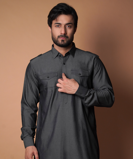 Grey Cotton/Lycra - Kurta/Pants