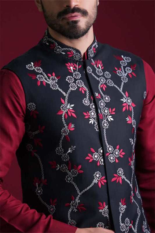 Deep Maroon Kurta Pajama With charcoal Grey Embroidered Waistcoat