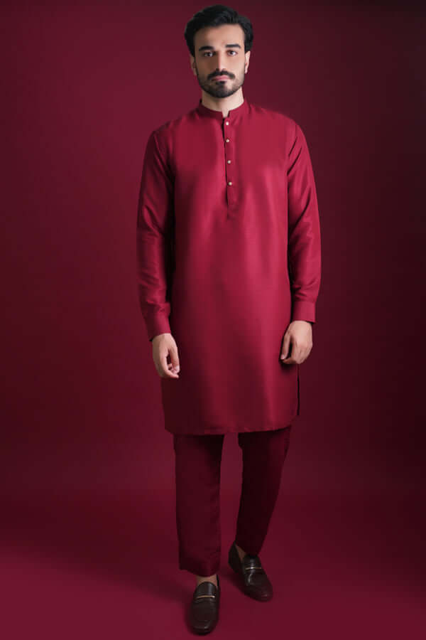 Deep Maroon Kurta Pajama charcoal Grey Waistcoat Arsalan Iqbal