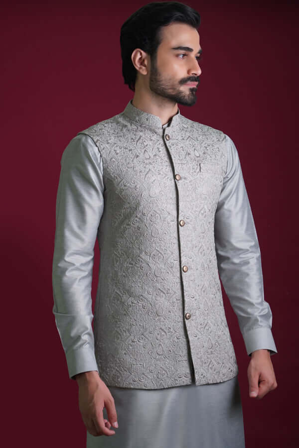 Ash Grey Kurta Waistcoat Set Arsalan Iqbal – The house of