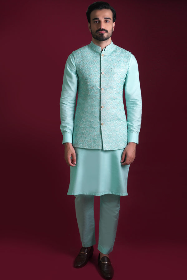 Powder Blue Embroidered Waistcoat with Shawl