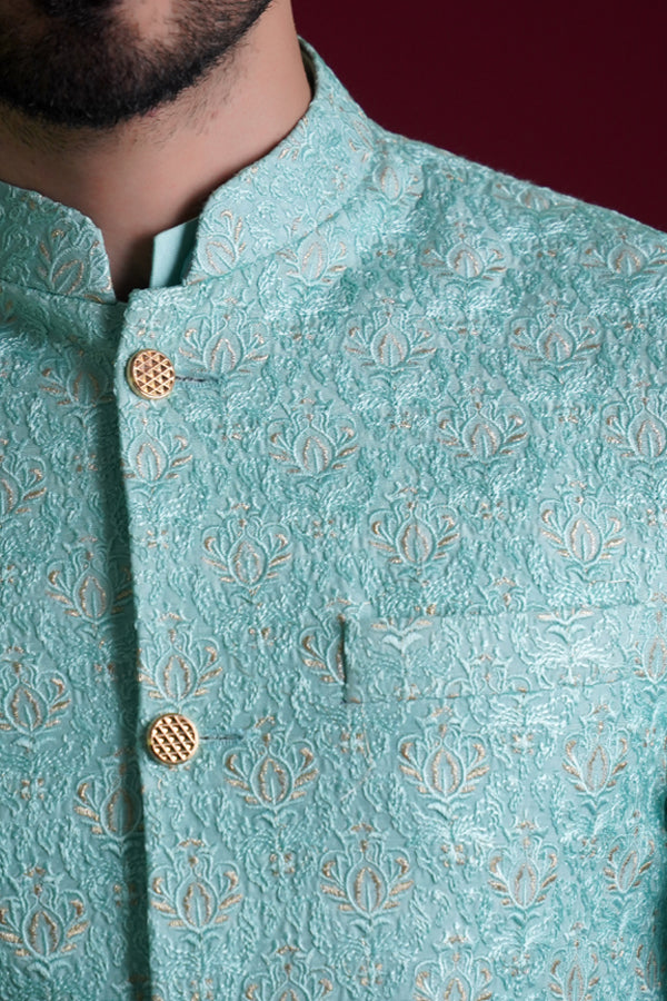 Powder Blue Embroidered Waistcoat with Shawl