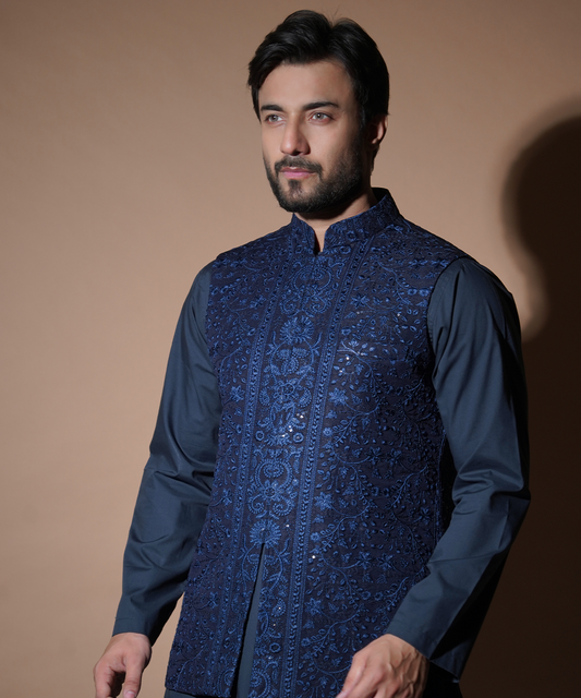 Rim Jhim - Navy Blue resham & sequins embroidered waistcoat