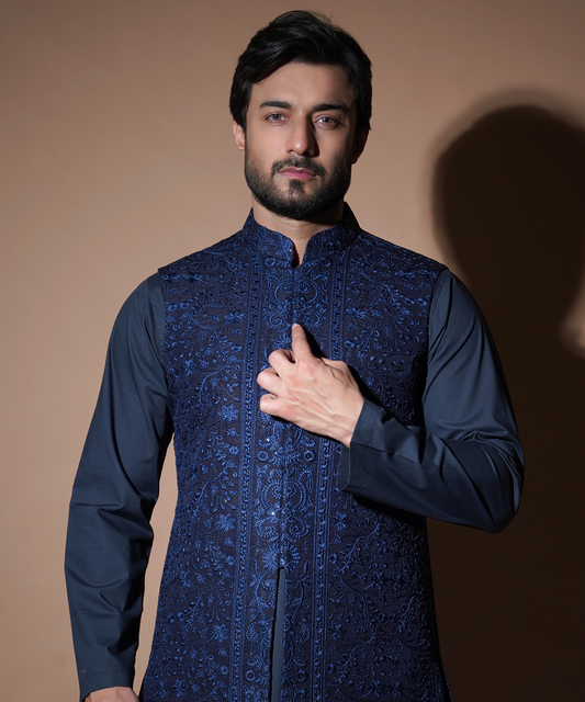 Rim Jhim - Navy Blue resham & sequins embroidered waistcoat