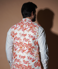 Rim Jhim - White with Red/Orange Floral Embroidery waistcoat set