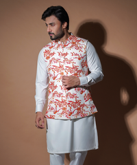 Rim Jhim - White with Red/Orange Floral Embroidery waistcoat set