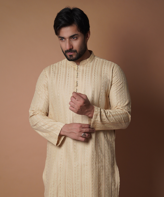 Cream Symmetrical Embroidered Kurta & Pyjama Set