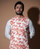 Rim Jhim - White with Red/Orange Floral Embroidery waistcoat set