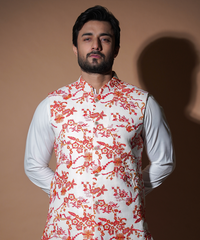 Rim Jhim - White with Red/Orange Floral Embroidery waistcoat set