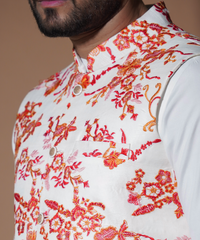 Rim Jhim - White with Red/Orange Floral Embroidery waistcoat set