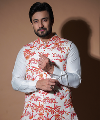 Rim Jhim - White with Red/Orange Floral Embroidery waistcoat set