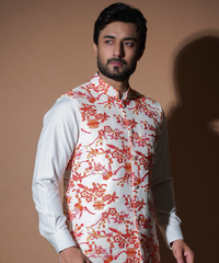 Rim Jhim - White with Red/Orange Floral Embroidery waistcoat set