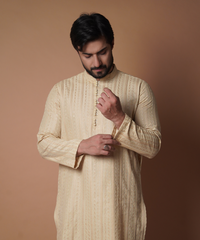 Kurta / Pants - Cream symmetrical design embroidered kurta