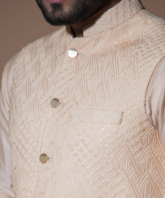 Pastel Peach symmetrical embroidered waistcoat set