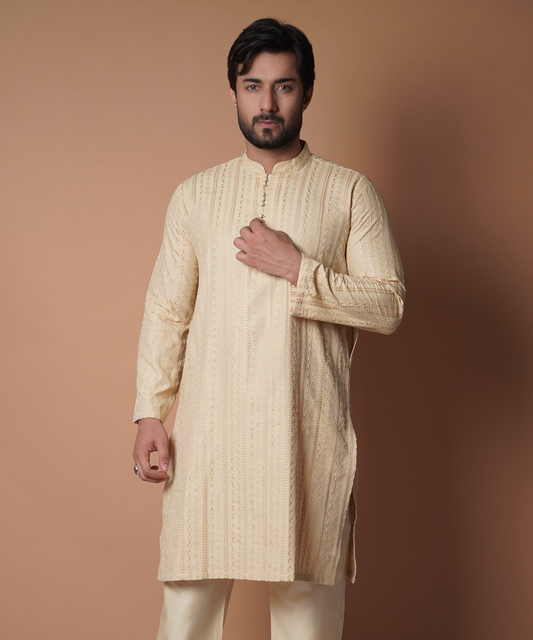 Cream Symmetrical Embroidered Kurta & Pyjama Set