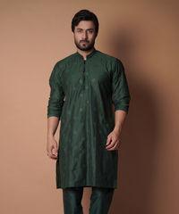 Kurta / Pants - Emerald green Motif embroidered