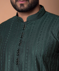 Kurta / Pants - Green symmetrical design embroidered kurta set.