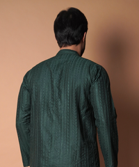 Kurta / Pants - Green symmetrical design embroidered kurta set.