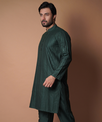 Kurta / Pants - Green symmetrical design embroidered kurta set.